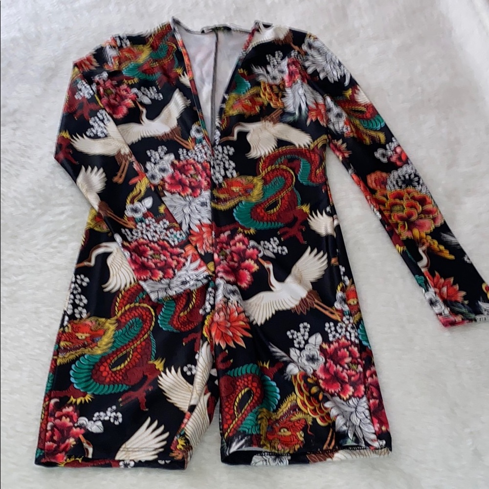 NWT J. OUR Biker Short Long Sleeve Jumpsuit 🐉 Dragon & Crane Print Size M
